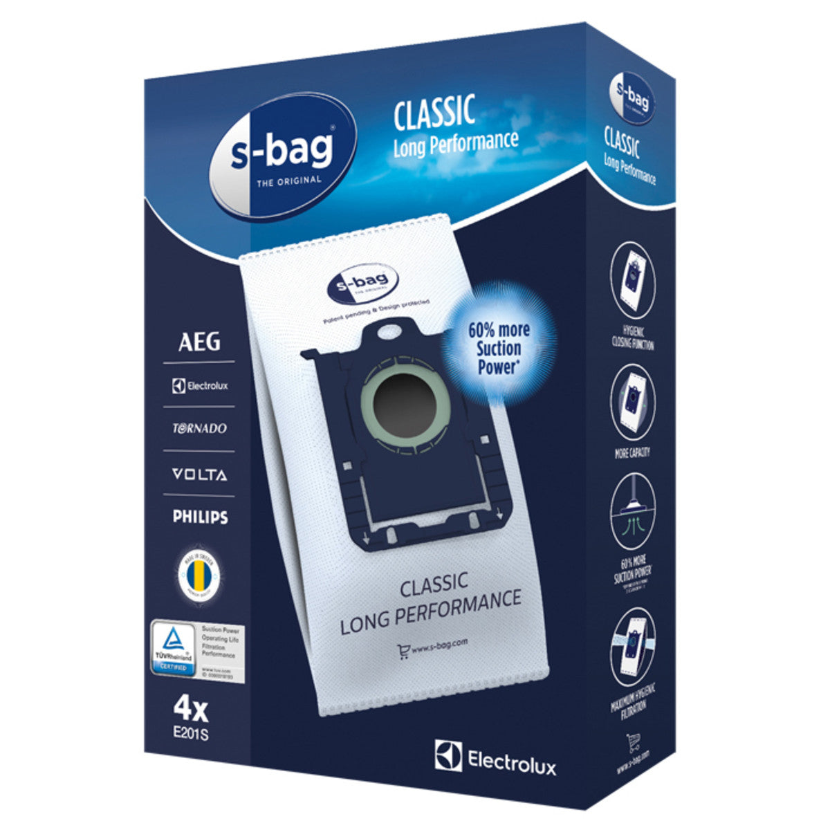 Electrolux E201S s-bag Classic Long Performance Dust Bags 4pk (Genuine)